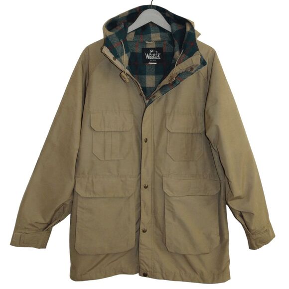 WOOLRICH VINTAGE 70s Men's Parka Field Jacket Wool Plaid Lining Tan Size M USA - Picture 1 of 8